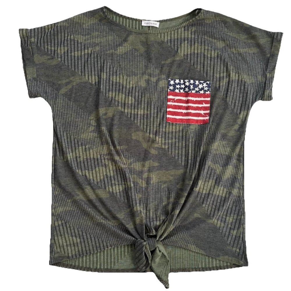 First Love by Lovelyn Women’s 1X 2X Camo Print Tie Front US Flag Patriotic Top